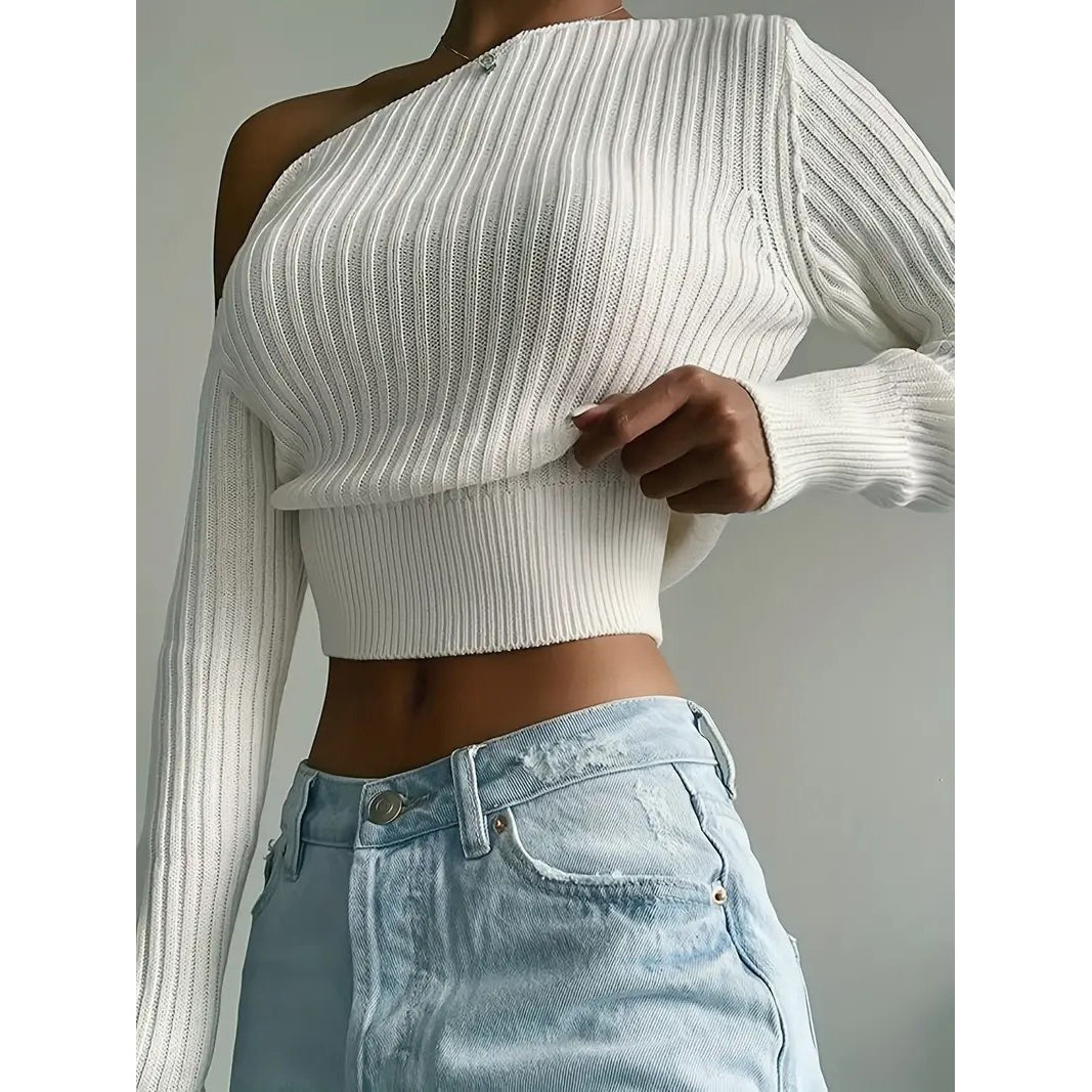 Ribbed Asymmetrical Neck Knit Crop Sweater Sexy Cold Shoulder Long Sleeve Pullover Sweater Womens Clothing Image 2
