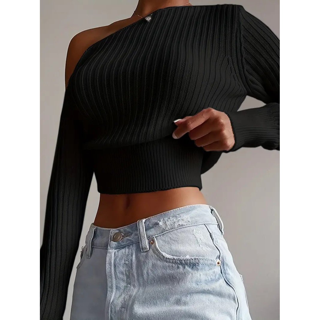 Ribbed Asymmetrical Neck Knit Crop Sweater Sexy Cold Shoulder Long Sleeve Pullover Sweater Womens Clothing Image 1