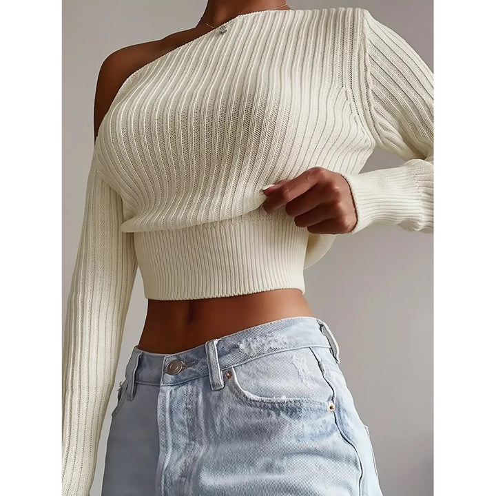 Ribbed Asymmetrical Neck Knit Crop Sweater Sexy Cold Shoulder Long Sleeve Pullover Sweater Womens Clothing Image 1