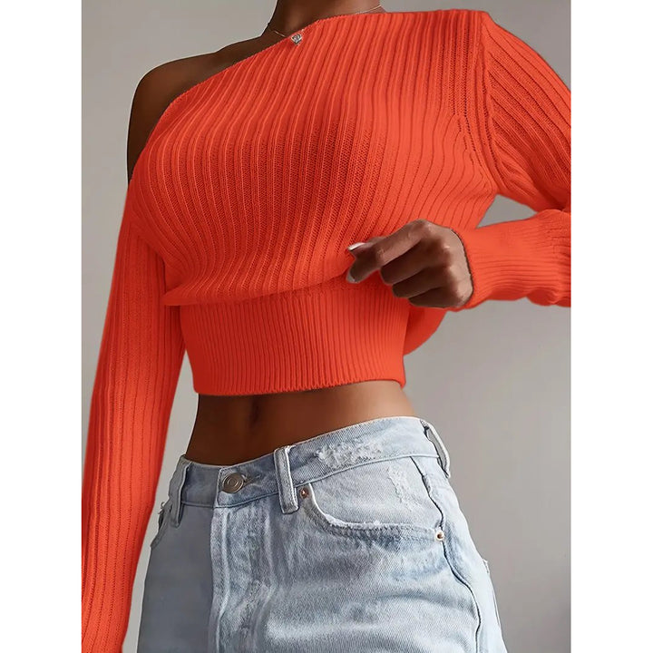 Ribbed Asymmetrical Neck Knit Crop Sweater Sexy Cold Shoulder Long Sleeve Pullover Sweater Womens Clothing Image 1