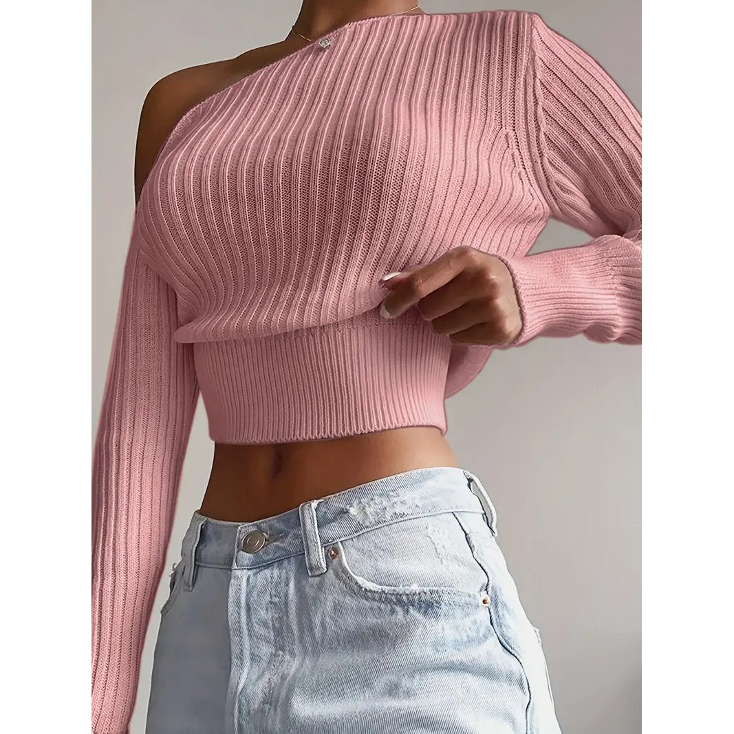 Ribbed Asymmetrical Neck Knit Crop Sweater Sexy Cold Shoulder Long Sleeve Pullover Sweater Womens Clothing Image 4