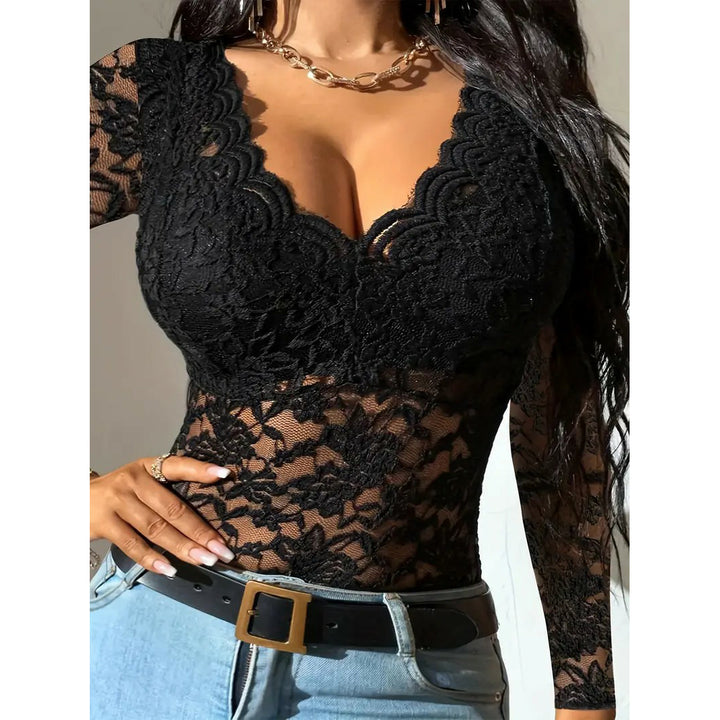 Solid Lace Blouse Elegant V Neck Long Sleeve Slim Blouse Womens Clothing Image 1