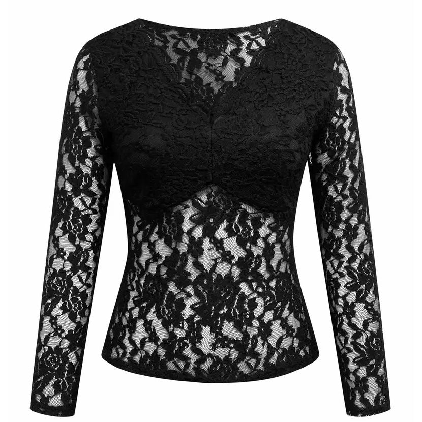 Solid Lace Blouse Elegant V Neck Long Sleeve Slim Blouse Womens Clothing Image 2