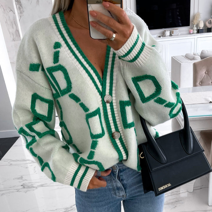 High Contrast Knit Cardigan V-Neck Button Up Cardigan Sweater Casual Tops For Fall and Winter Womens Clothing Image 3