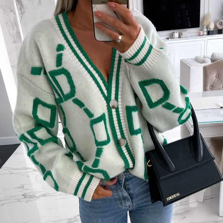 High Contrast Knit Cardigan V-Neck Button Up Cardigan Sweater Casual Tops For Fall and Winter Womens Clothing Image 1