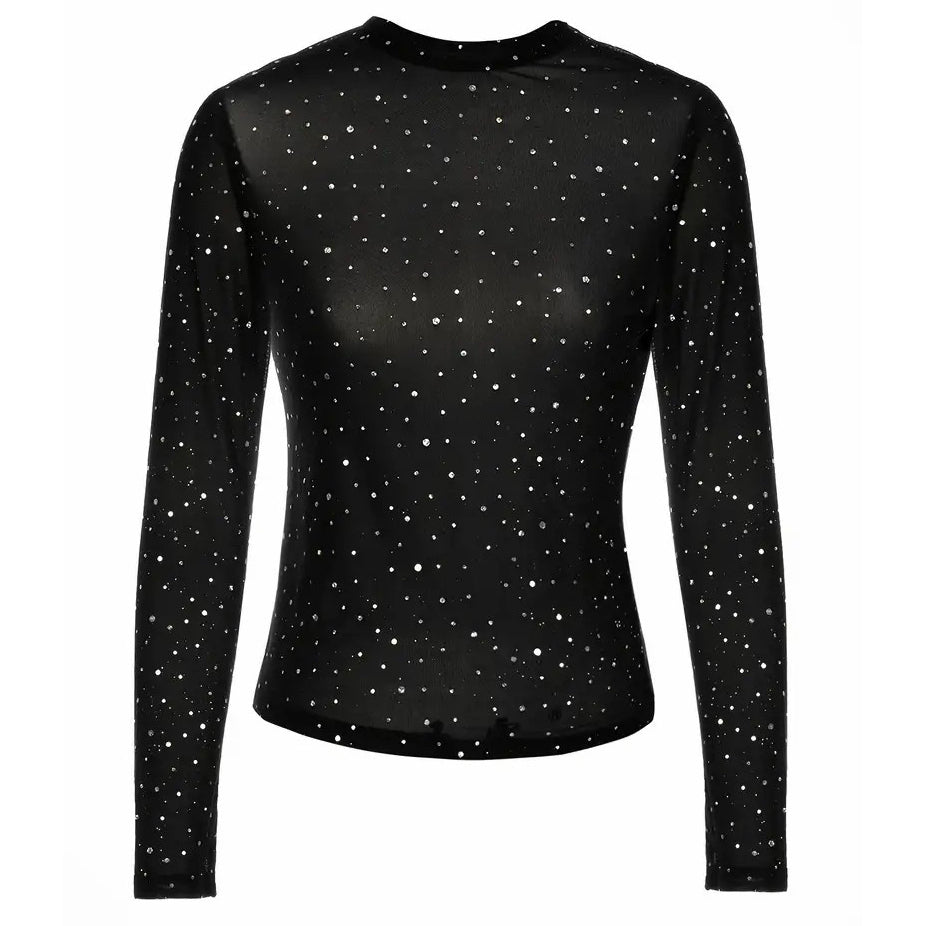Solid Sequin T-shirt Crew Neck Sexy Sheer Long Sleeve Summer T-shirt Womens Clothing Image 1