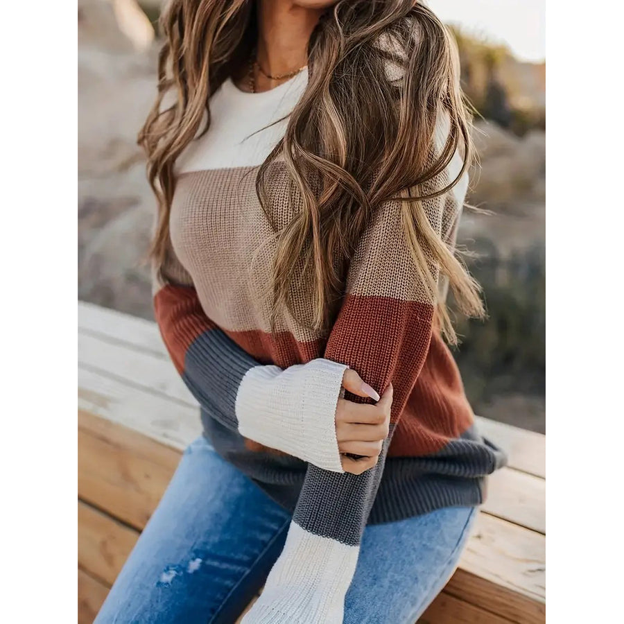 Striped Pattern Knitwear Tops Crew Neck Long Sleeve Pullover Sweaters Color Block Shirts Womens Clothing Image 1
