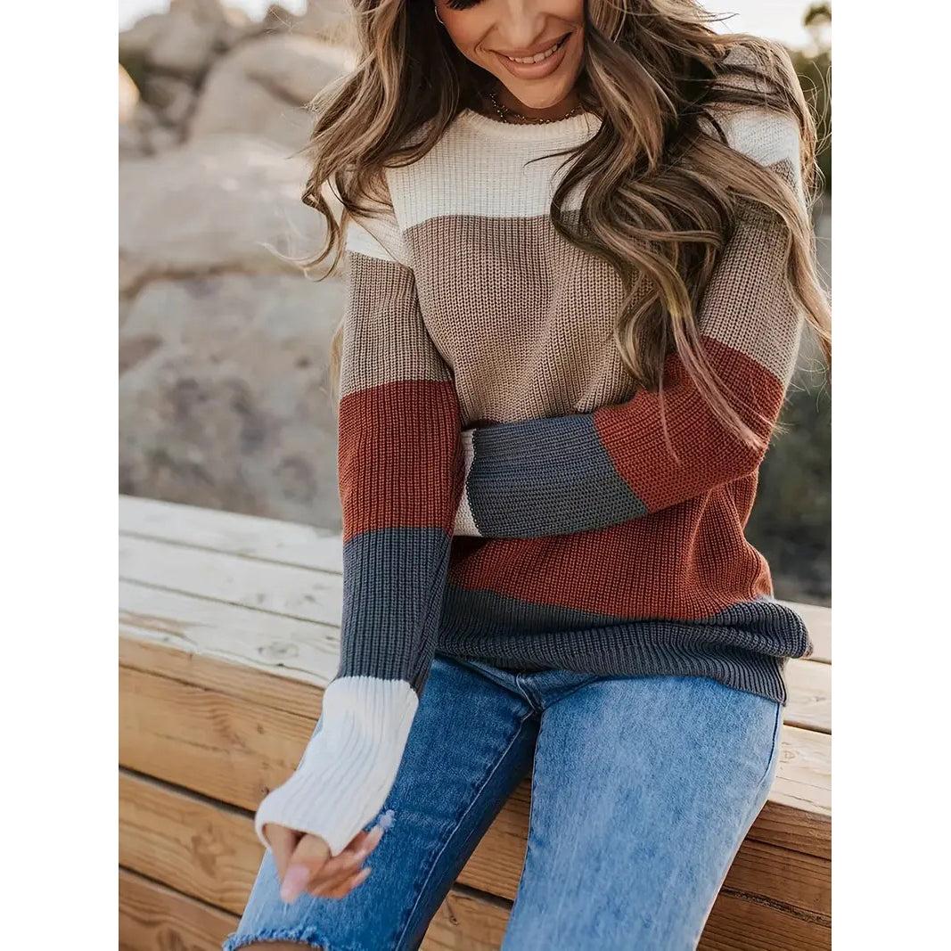 Striped Pattern Knitwear Tops Crew Neck Long Sleeve Pullover Sweaters Color Block Shirts Womens Clothing Image 3