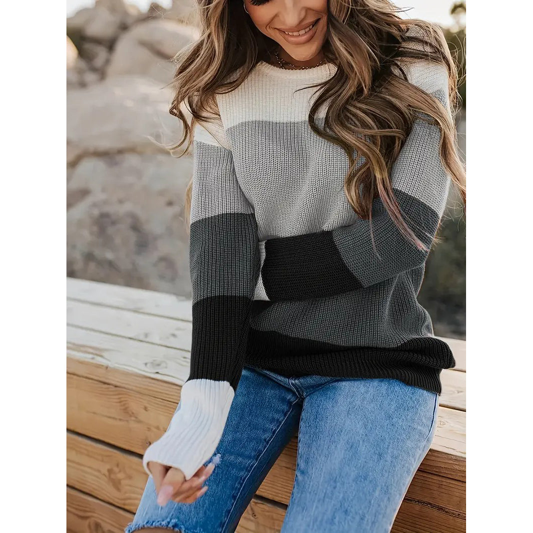 Striped Pattern Knitwear Tops Crew Neck Long Sleeve Pullover Sweaters Color Block Shirts Womens Clothing Image 4