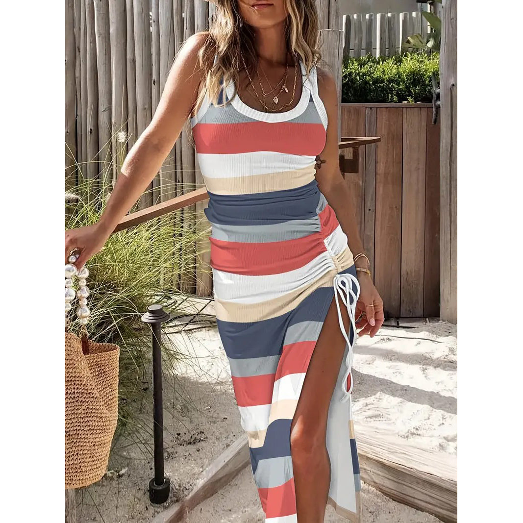 Striped Print Drawstring Dress Casual Crew Neck Sleeveless Split Summer Dress Womens Clothing Image 2