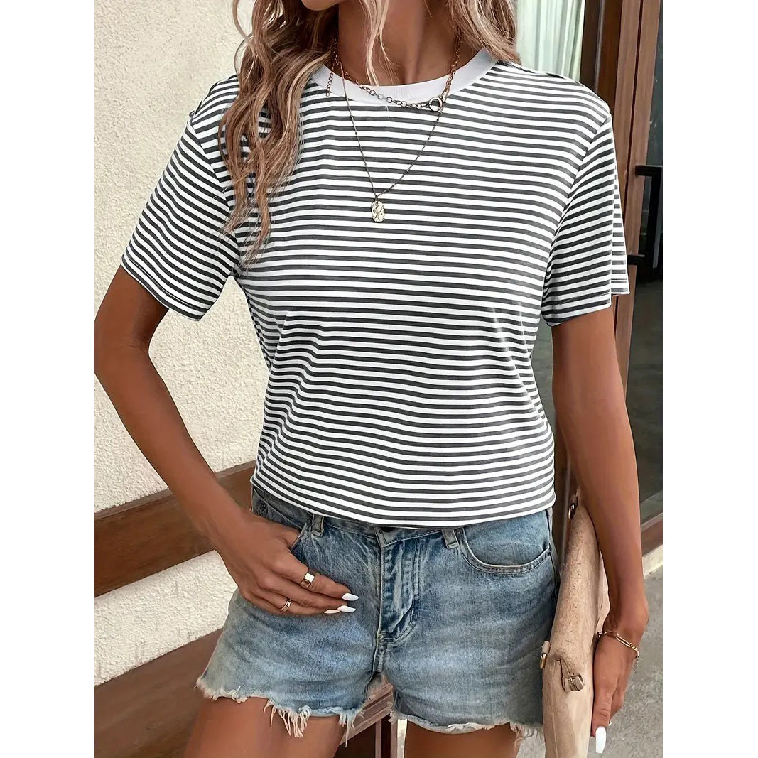 Stripes Print T-shirt Casual Short Sleeve Crew Neck Top For Spring and Summer Womens Clothing Image 3