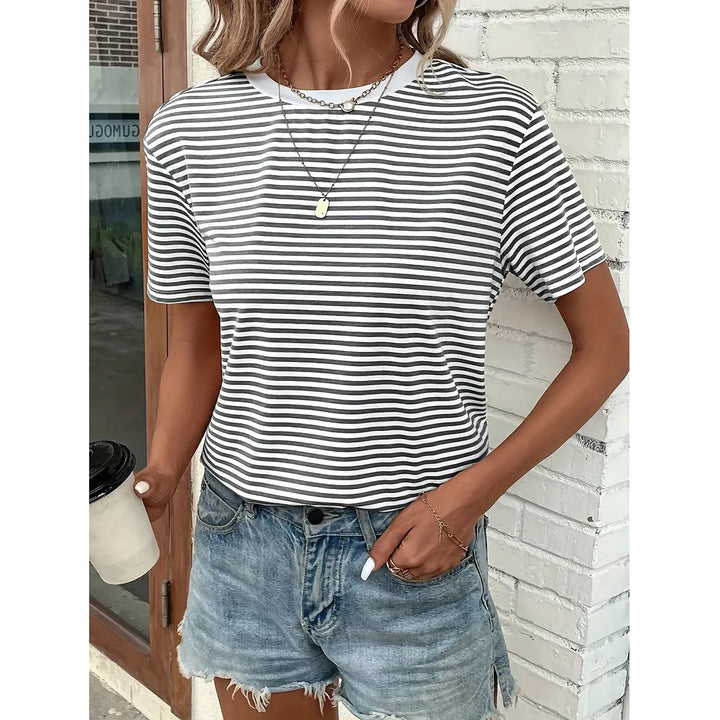Stripes Print T-shirt Casual Short Sleeve Crew Neck Top For Spring and Summer Womens Clothing Image 1