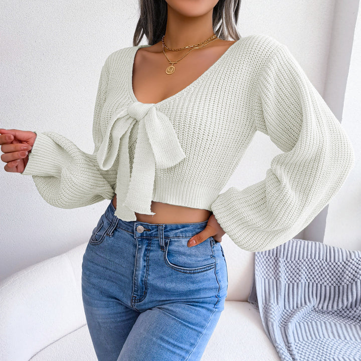 Sexy Bowknot V Neck Crop Sweater Casual Lantern Long Sleeve Loose Fall Winter Knit Sweater Womens Clothing Image 2