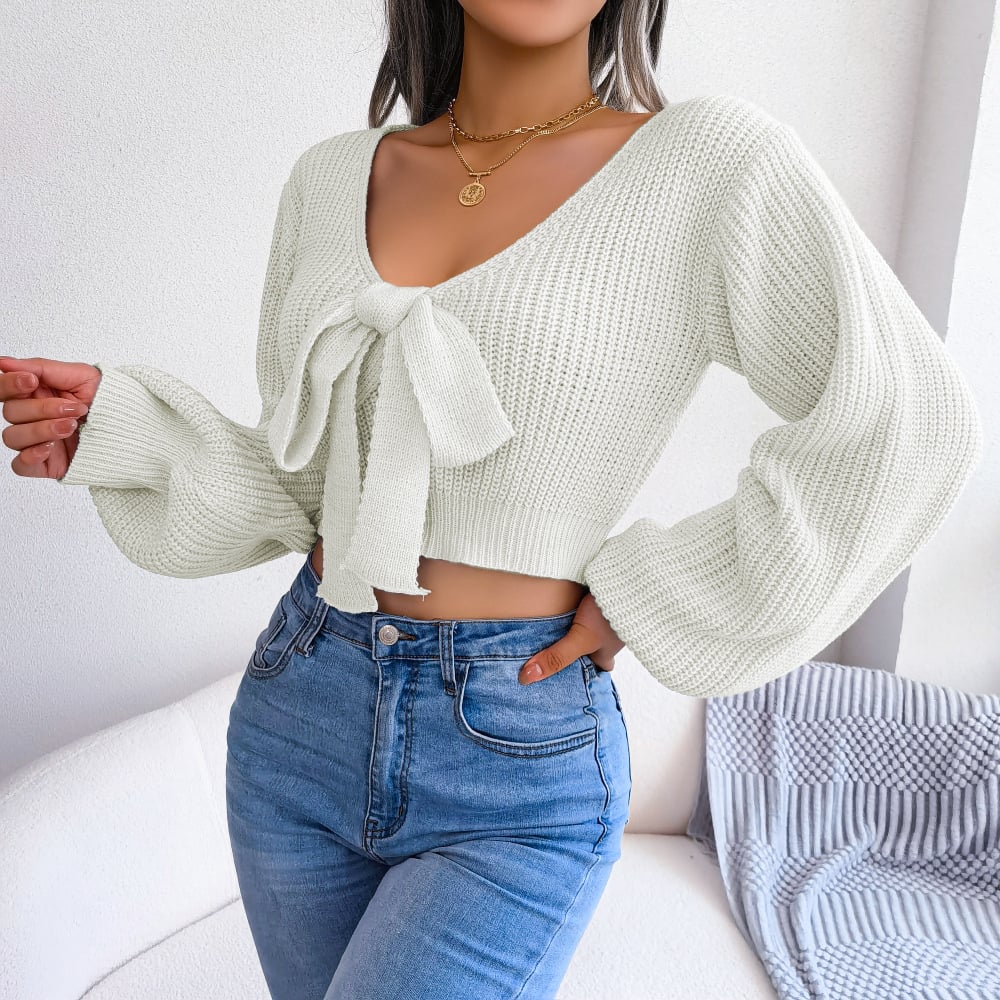 Sexy Bowknot V Neck Crop Sweater Casual Lantern Long Sleeve Loose Fall Winter Knit Sweater Womens Clothing Image 1