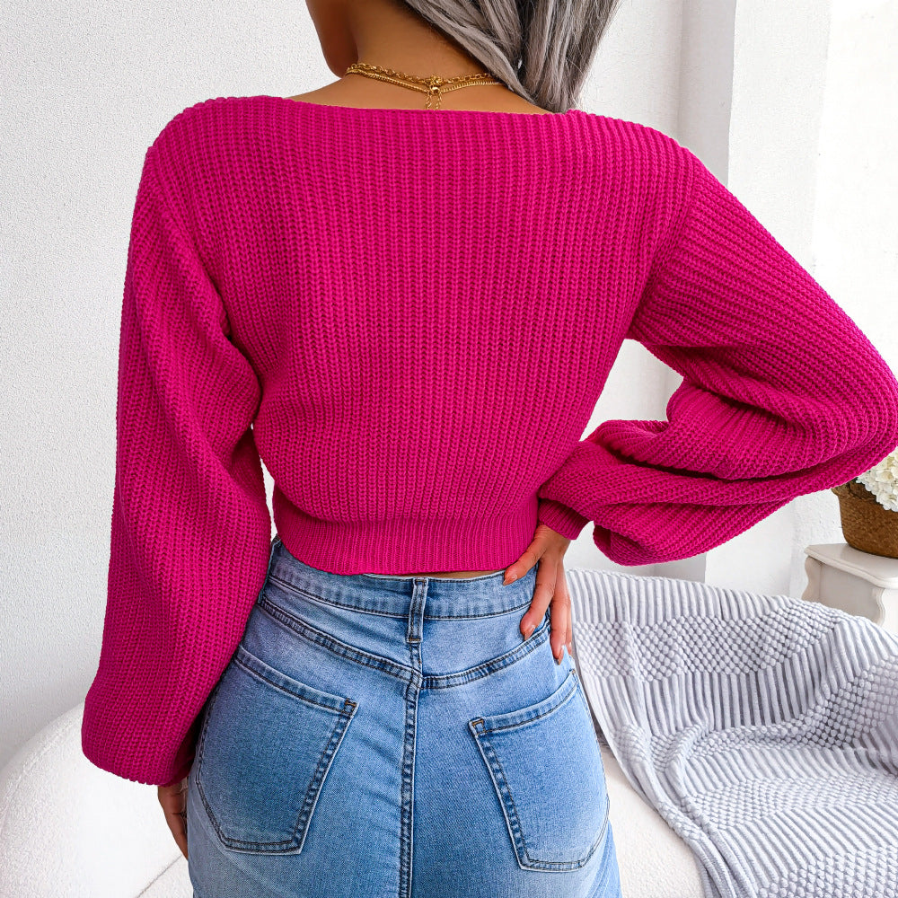 Sexy Bowknot V Neck Crop Sweater Casual Lantern Long Sleeve Loose Fall Winter Knit Sweater Womens Clothing Image 1