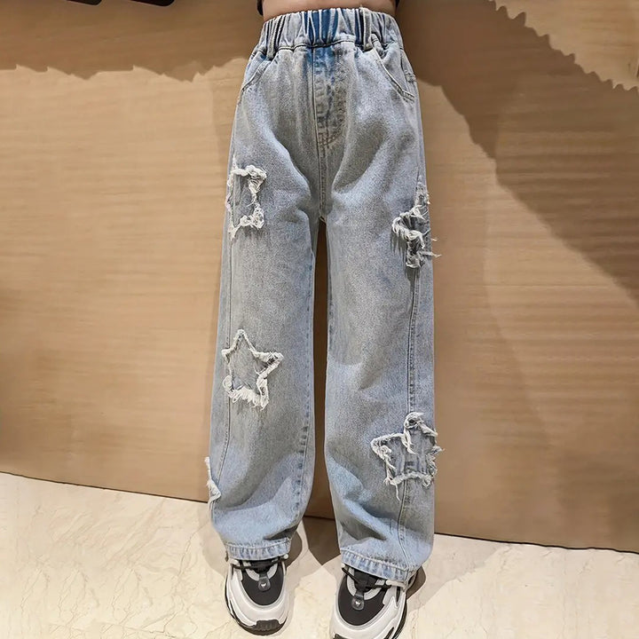 Girls Trendy Stars Patch High Waist Retro Style Wide Leg Jeans Image 1