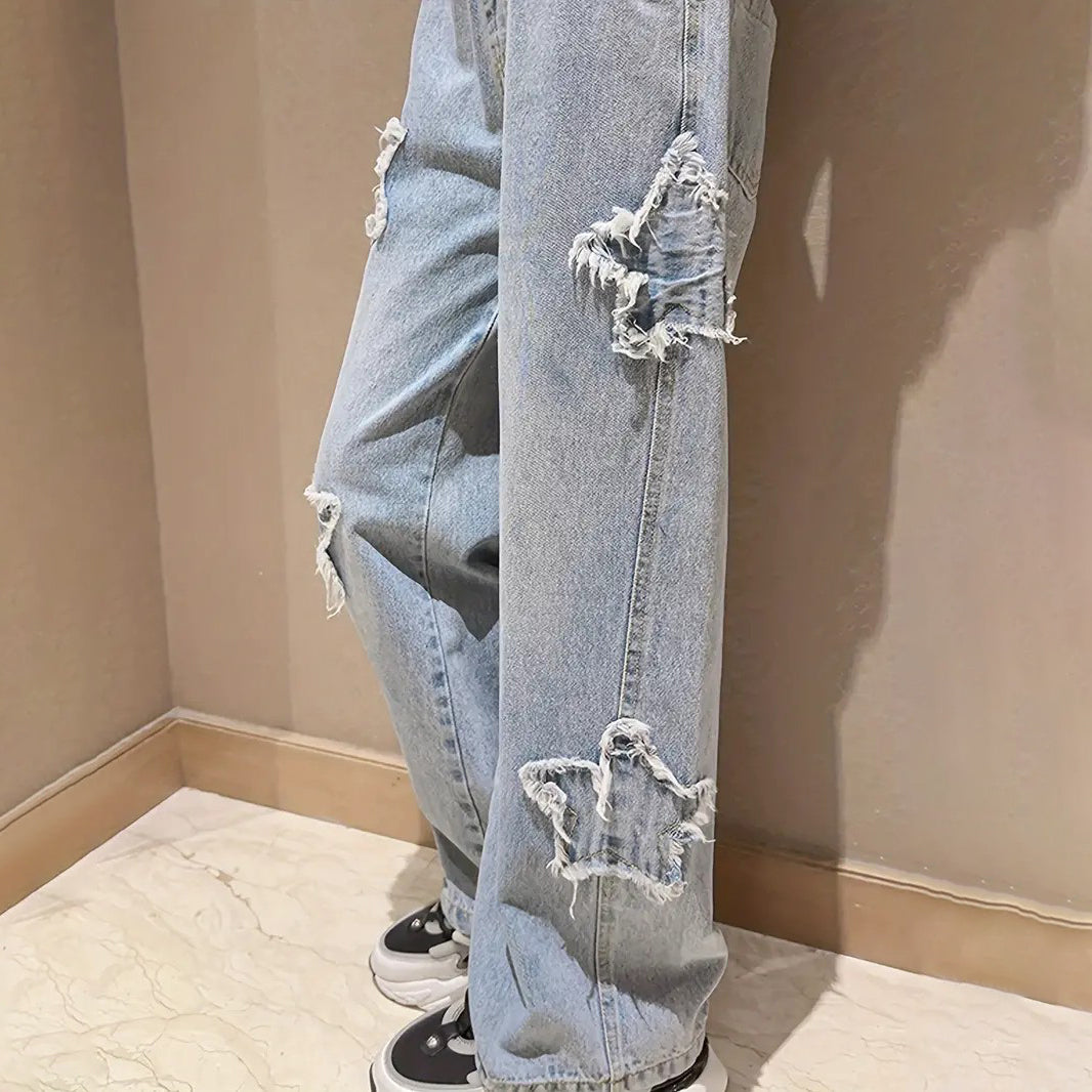 Girls Trendy Stars Patch High Waist Retro Style Wide Leg Jeans Image 2