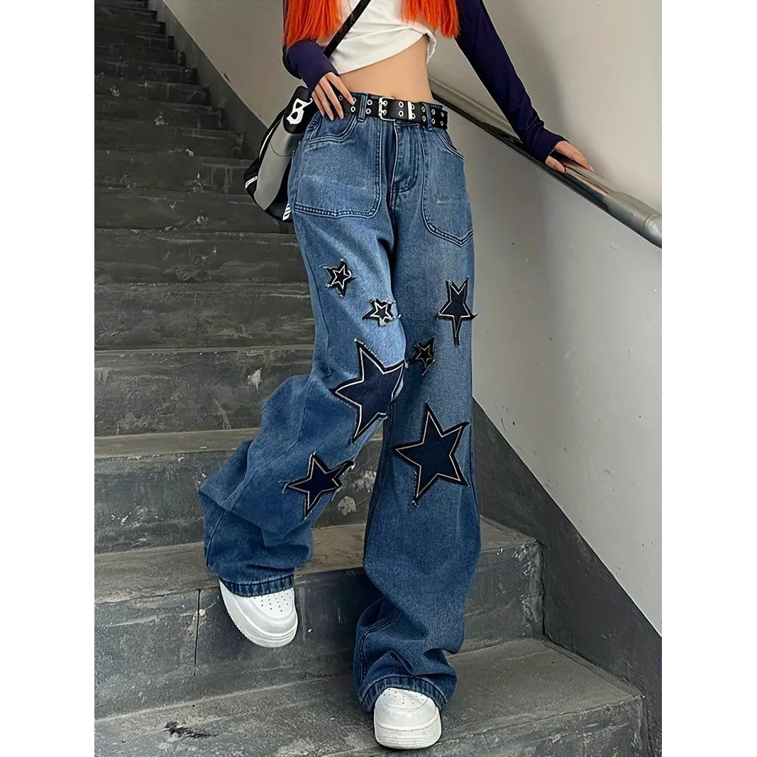 Star Patch Baggy Loose Boyfriend Jeans Dark Wash Zipper Button Closure Slash Pocket Wide Leg Denim Pants Street Y2k Image 2