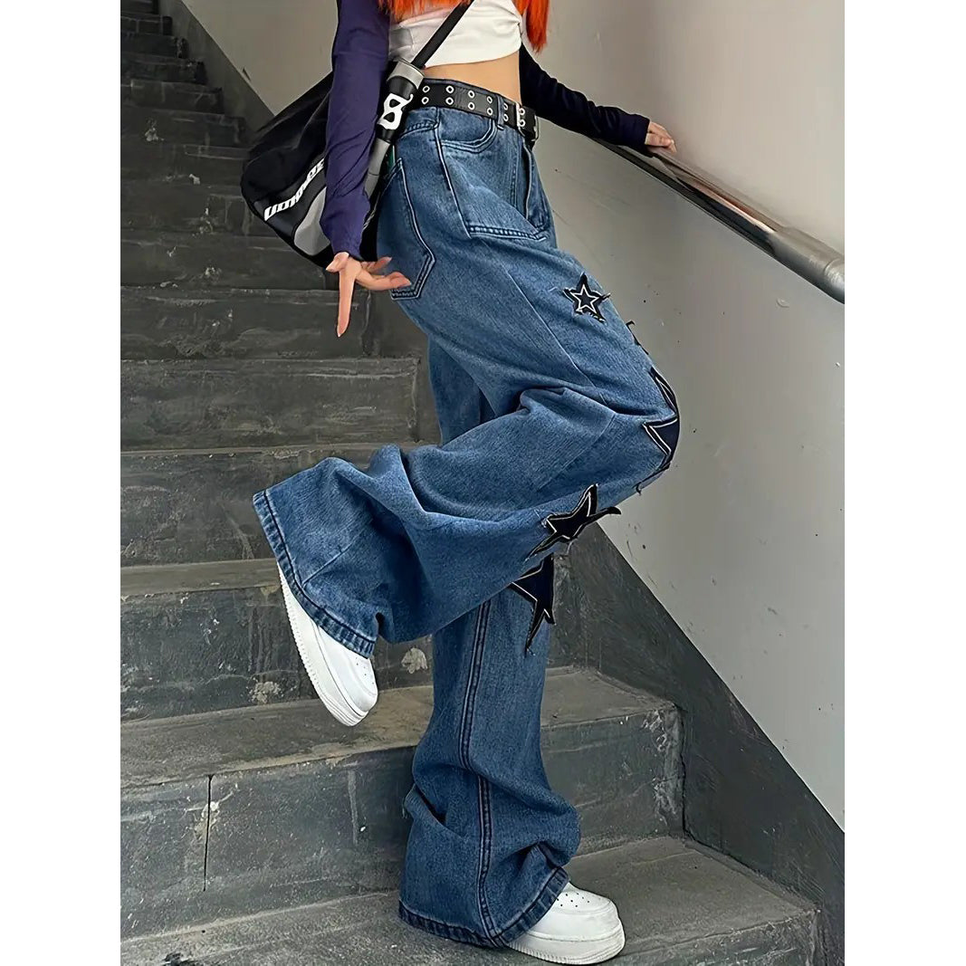Star Patch Baggy Loose Boyfriend Jeans Dark Wash Zipper Button Closure Slash Pocket Wide Leg Denim Pants Street Y2k Image 3