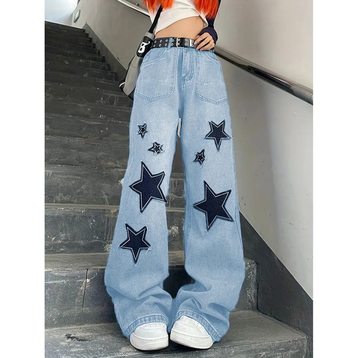 Star Patch Baggy Loose Boyfriend Jeans Dark Wash Zipper Button Closure Slash Pocket Wide Leg Denim Pants Street Y2k Image 4