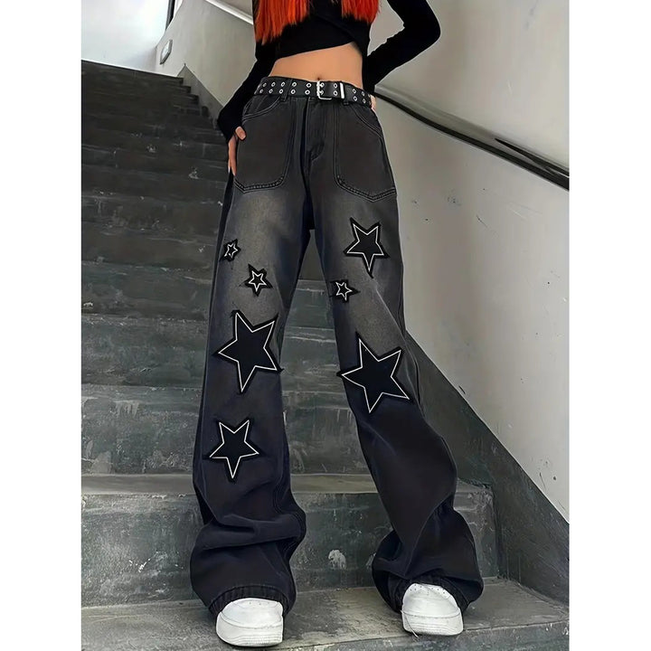 Star Patch Baggy Loose Boyfriend Jeans Dark Wash Zipper Button Closure Slash Pocket Wide Leg Denim Pants Street Y2k Image 1