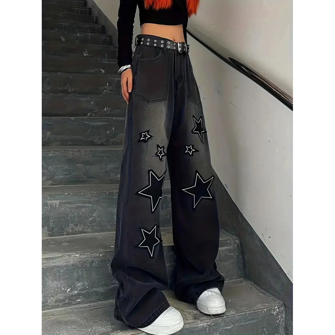 Star Patch Baggy Loose Boyfriend Jeans Dark Wash Zipper Button Closure Slash Pocket Wide Leg Denim Pants Street Y2k Image 1