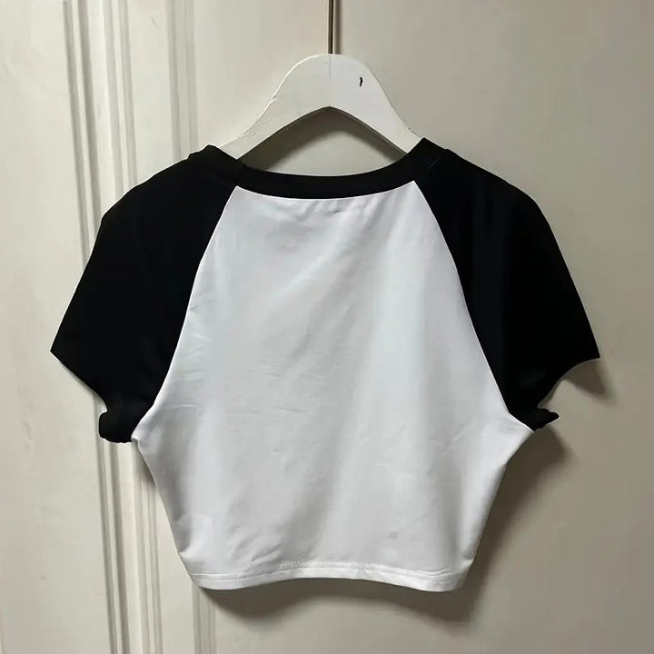 Star Print Color Block T-shirt Y2K Short Sleeve Crew Neck Crop Top Womens Clothing Image 2