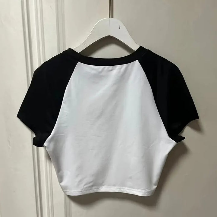 Star Print Color Block T-shirt Y2K Short Sleeve Crew Neck Crop Top Womens Clothing Image 1