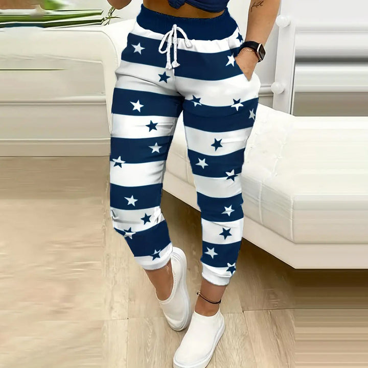 Striped and Star Print Drawstring Pants Casual Pants For Spring and Summer Womens Clothing Image 1