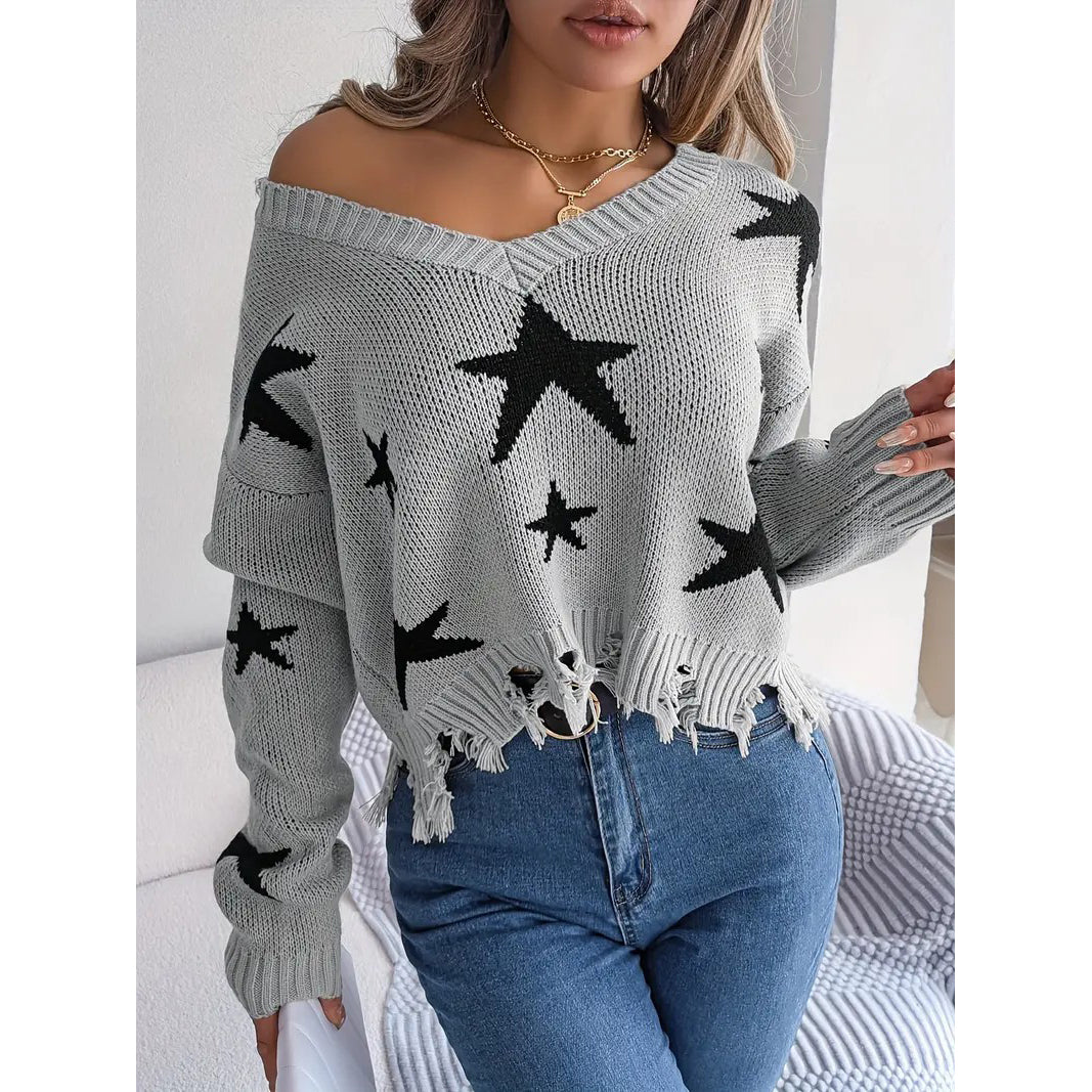 Star Pattern V Neck Pullover Sweater Distressed Raw Trim Long Sleeve Sweater Womens Clothing Image 1
