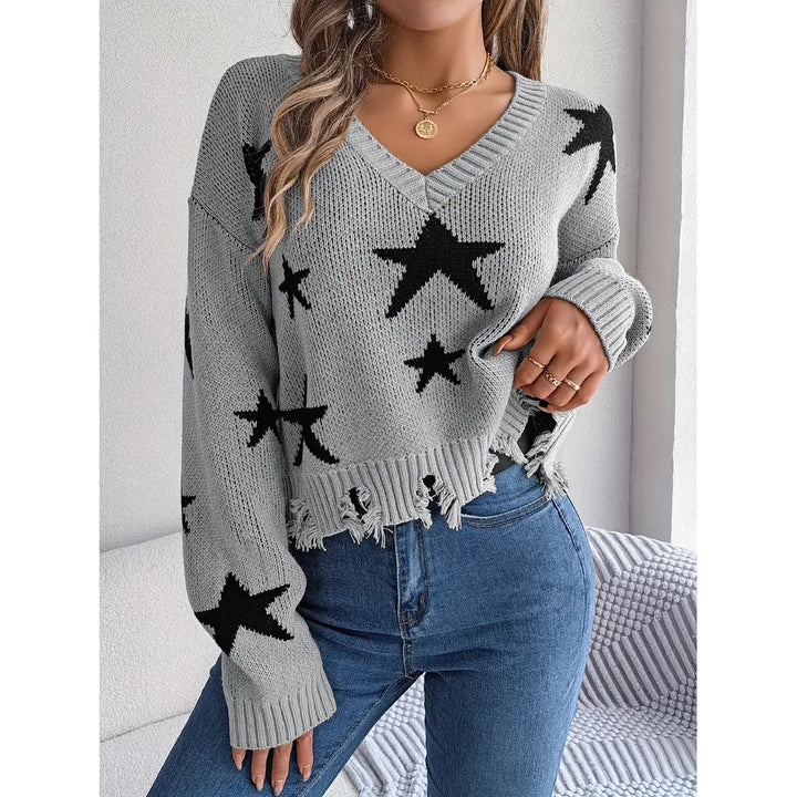 Star Pattern V Neck Pullover Sweater Distressed Raw Trim Long Sleeve Sweater Womens Clothing Image 2