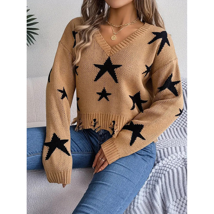 Star Pattern V Neck Pullover Sweater Distressed Raw Trim Long Sleeve Sweater Womens Clothing Image 4