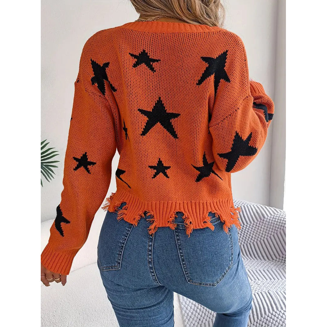 Star Pattern V Neck Pullover Sweater Distressed Raw Trim Long Sleeve Sweater Womens Clothing Image 1