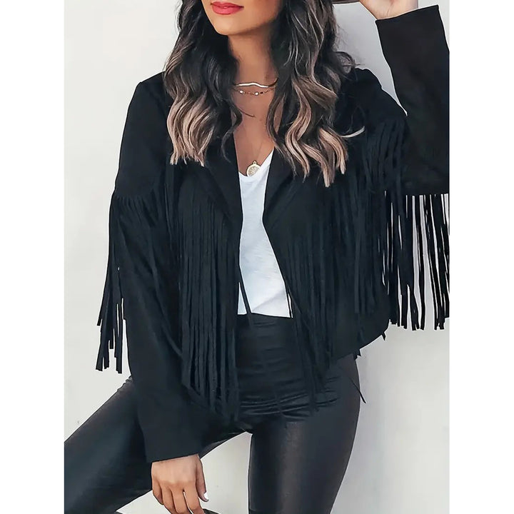 Tassel Cropped Jacket Casual Open Front Long Sleeve Solid Outerwear Womens Clothing Image 2