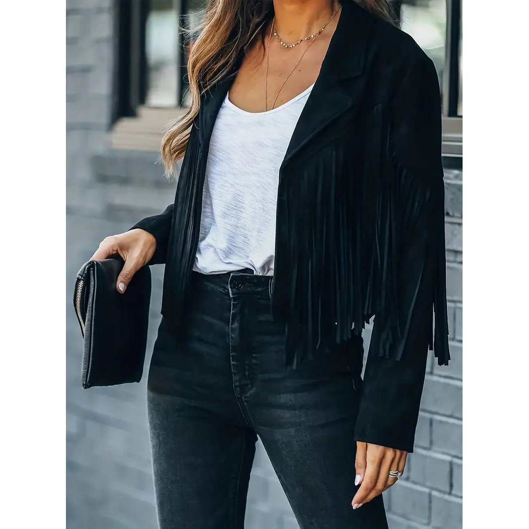 Tassel Cropped Jacket Casual Open Front Long Sleeve Solid Outerwear Womens Clothing Image 3