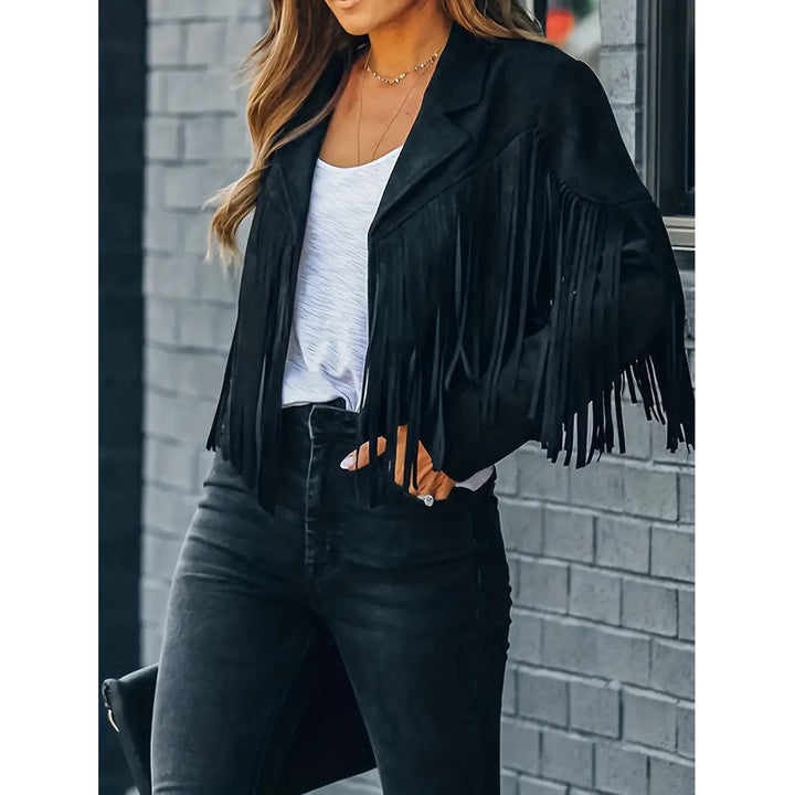 Tassel Cropped Jacket Casual Open Front Long Sleeve Solid Outerwear Womens Clothing Image 4