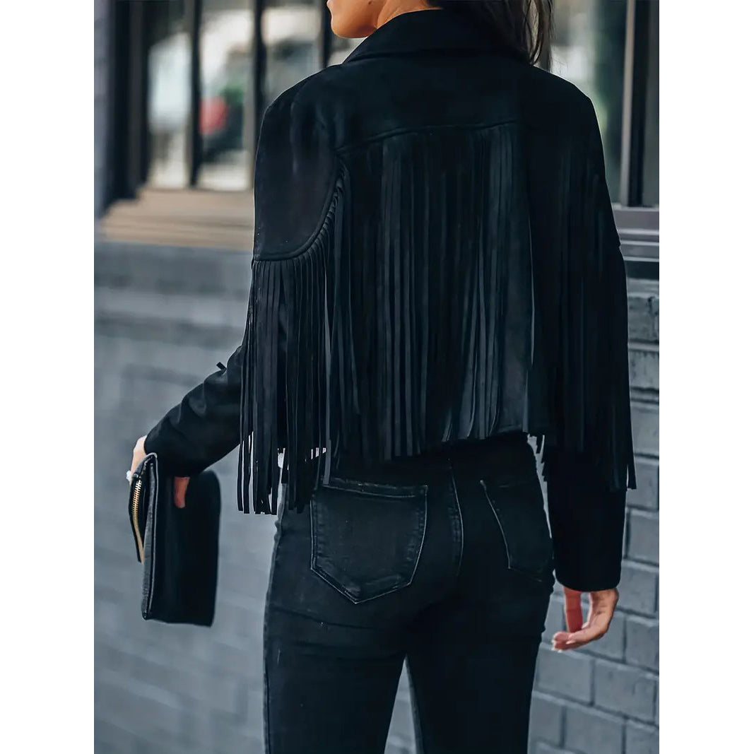 Tassel Cropped Jacket Casual Open Front Long Sleeve Solid Outerwear Womens Clothing Image 1