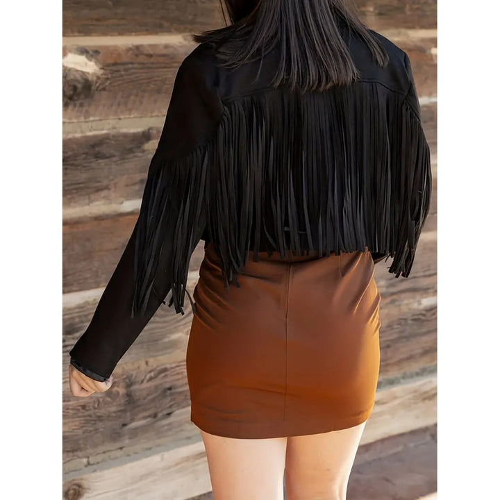 Tassel Cropped Jacket Casual Open Front Long Sleeve Solid Outerwear Womens Clothing Image 1