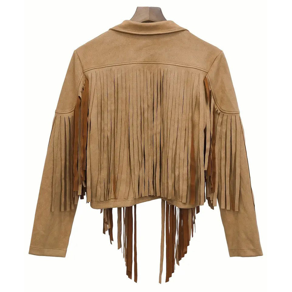 Tassel Cropped Jacket Casual Open Front Long Sleeve Solid Outerwear Womens Clothing Image 1