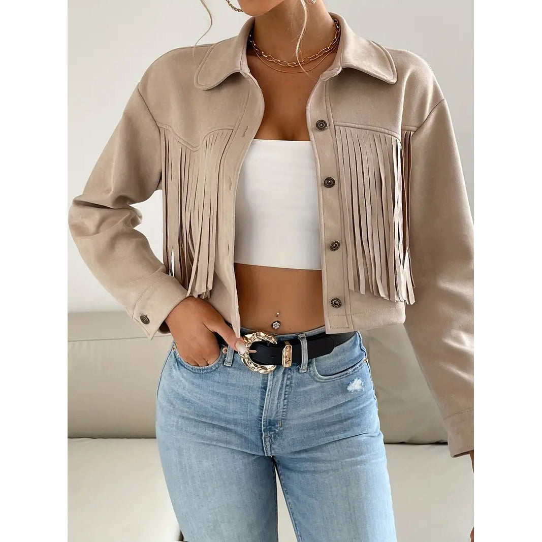 Button Tassel Solid Drop Shoulder Jacket Casual Long Sleeve Crop Jacket For Spring and Fall Womens Clothing Image 2
