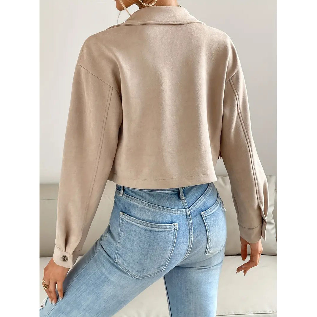 Button Tassel Solid Drop Shoulder Jacket Casual Long Sleeve Crop Jacket For Spring and Fall Womens Clothing Image 3
