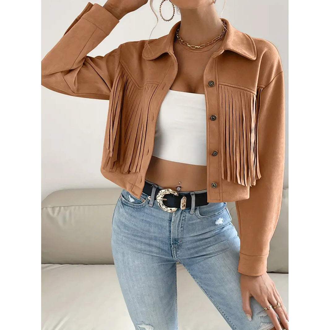 Button Tassel Solid Drop Shoulder Jacket Casual Long Sleeve Crop Jacket For Spring and Fall Womens Clothing Image 4