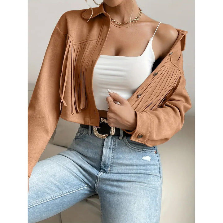 Button Tassel Solid Drop Shoulder Jacket Casual Long Sleeve Crop Jacket For Spring and Fall Womens Clothing Image 1