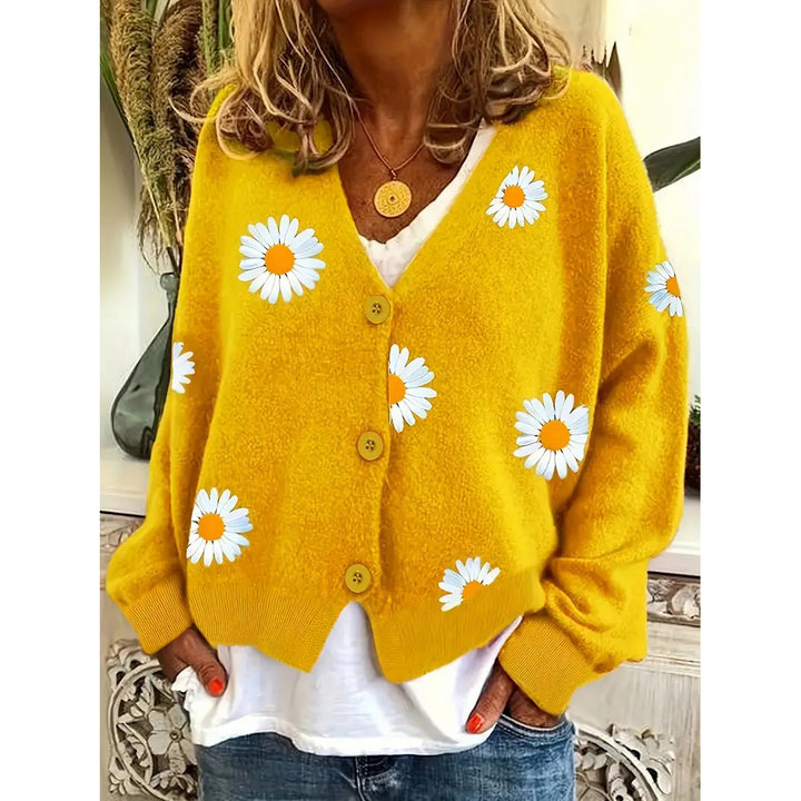 Daisy Pattern Embroidered Knitted Cardigan Button Front Elegant Long Sleeve Sweater For Spring and Fall Womens Clothing Image 1