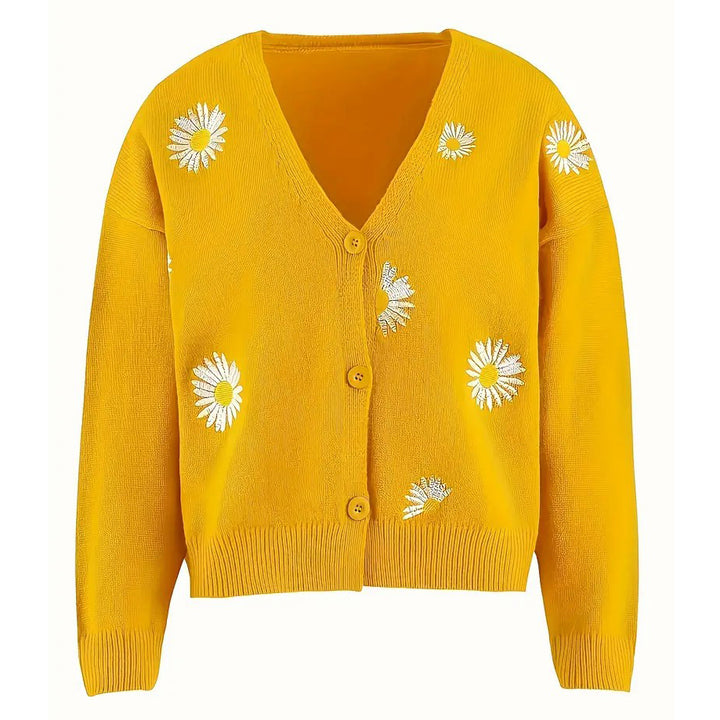 Daisy Pattern Embroidered Knitted Cardigan Button Front Elegant Long Sleeve Sweater For Spring and Fall Womens Clothing Image 2