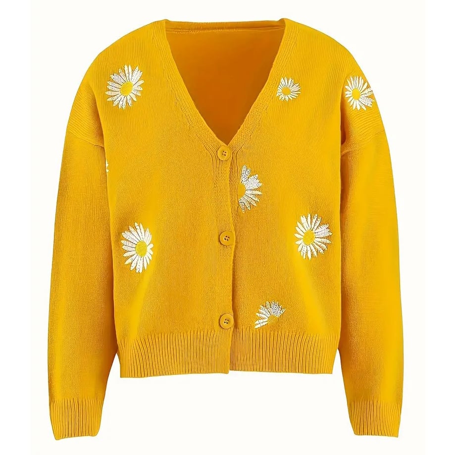 Daisy Pattern Embroidered Knitted Cardigan Button Front Elegant Long Sleeve Sweater For Spring and Fall Womens Clothing Image 1