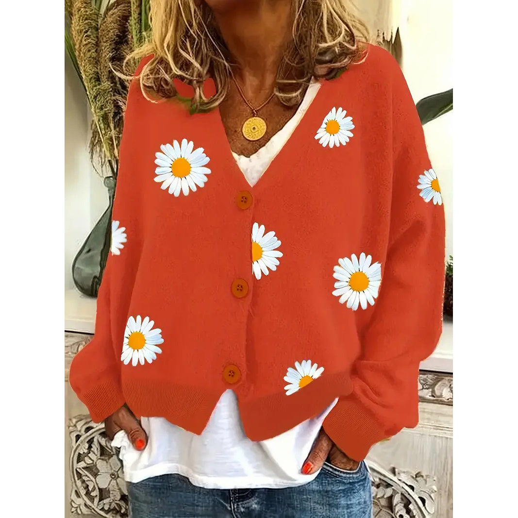 Daisy Pattern Embroidered Knitted Cardigan Button Front Elegant Long Sleeve Sweater For Spring and Fall Womens Clothing Image 4