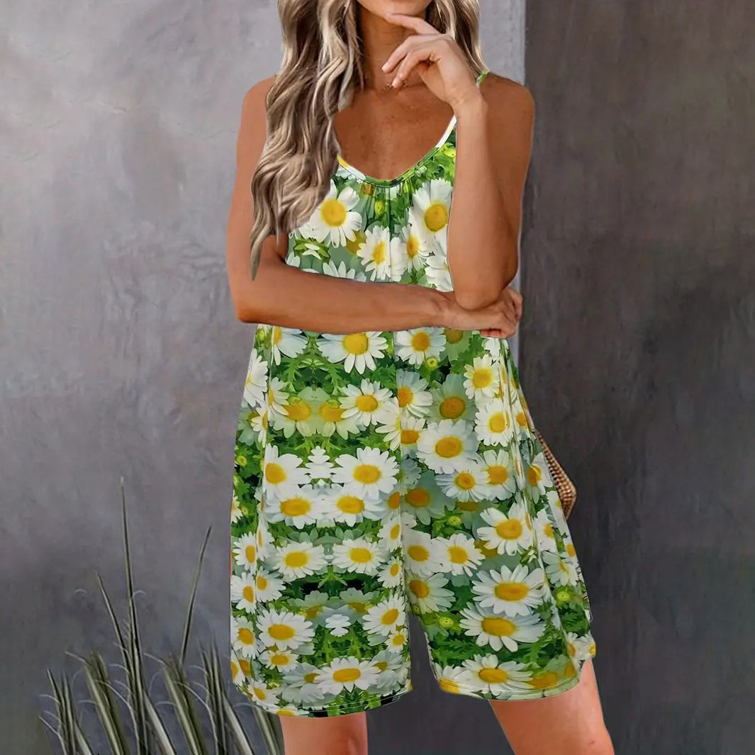 Daisy Full Print Jumpsuit Casual Spaghetti Sleeveless Short Length Jumpsuit Womens Clothing Image 2