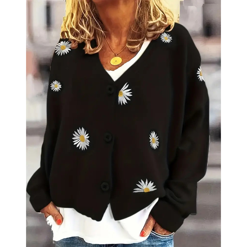 Daisy Pattern Embroidered Knitted Cardigan Button Front Elegant Long Sleeve Sweater For Spring and Fall Women Clothing Image 1