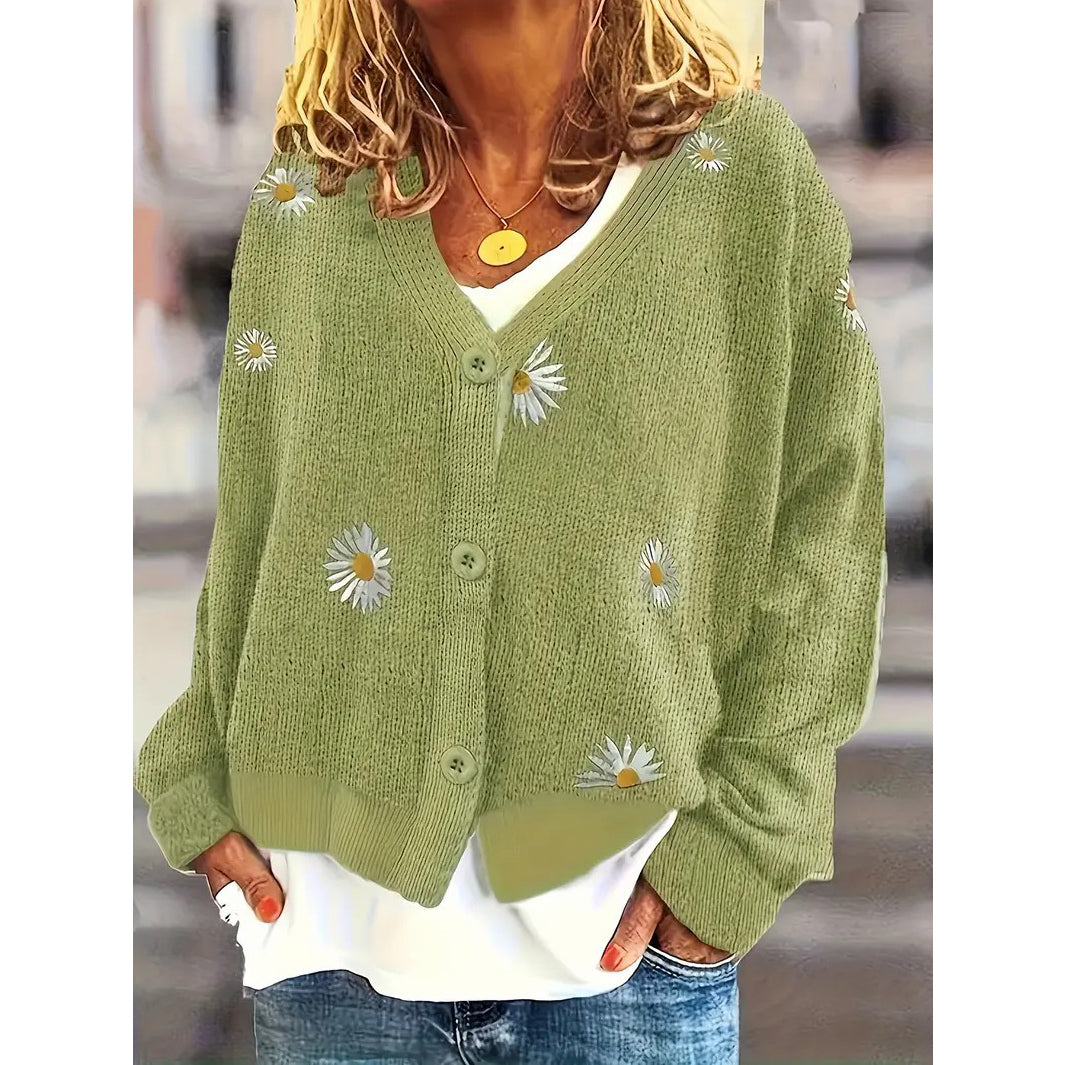 Daisy Pattern Embroidered Knitted Cardigan Button Front Elegant Long Sleeve Sweater For Spring and Fall Women Clothing Image 2